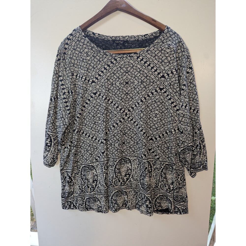 Lucky Brand Womens 3X Black White Geometric Paisley 3/4 Sleeve Knit Top Scoop N